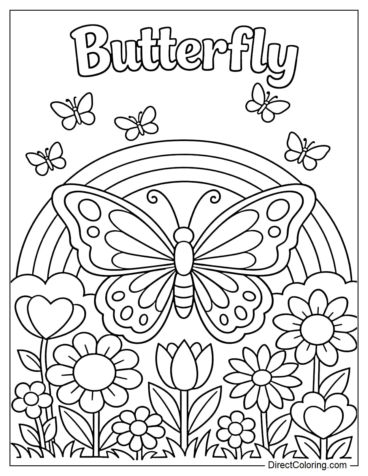 A large butterfly flying over a field of flowers, with a rainbow behind it and several other small butterflies flying around.