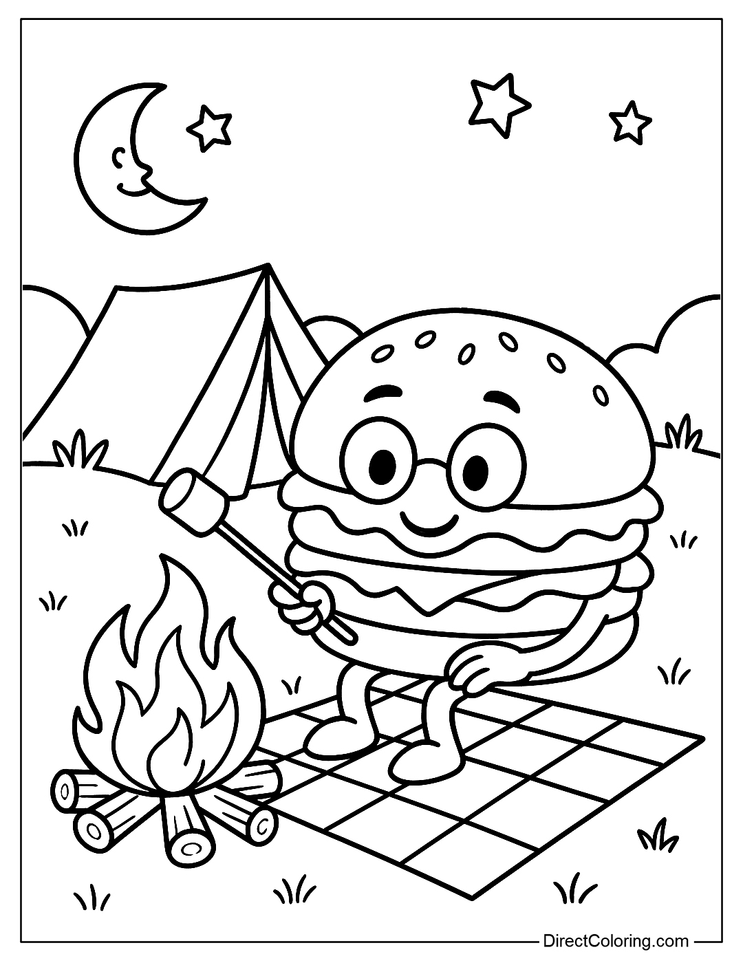 a coloring page of a hamburger sitting next to a campfire with marshmallows and a tent