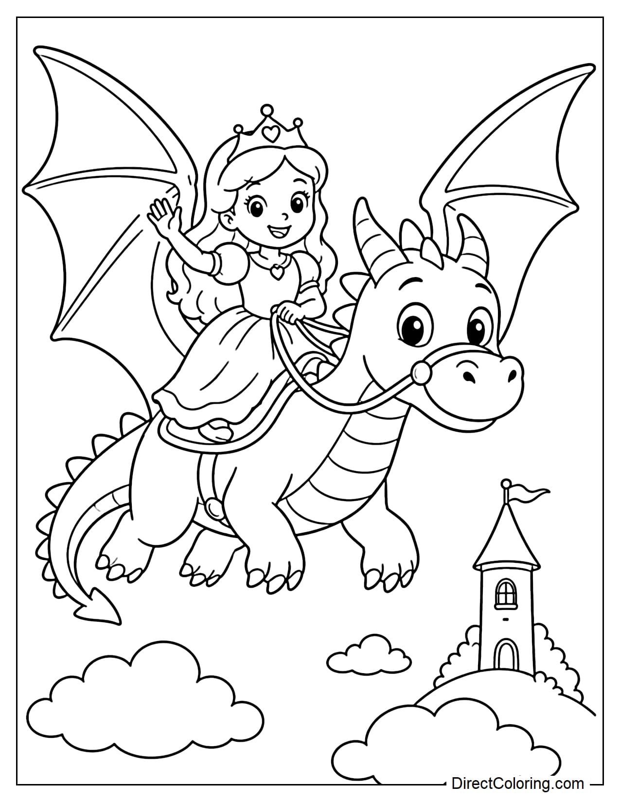 A little princess is sitting on the back of a friendly dragon flying through the sky, holding the reins with one hand and waving with the other.