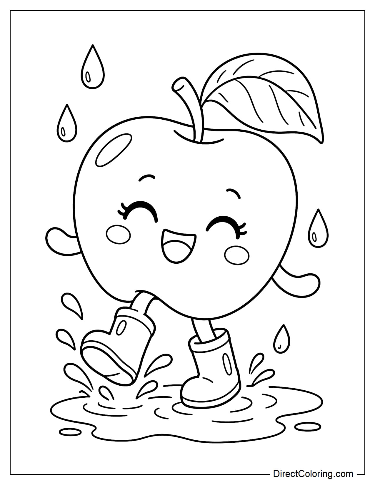 A large cute apple wearing rain boots and stepping gently through a small puddle with a cheerful face.