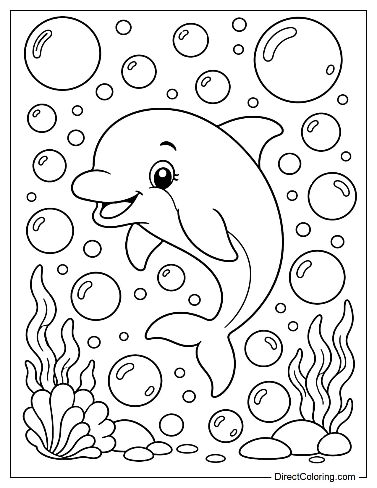 A dolphin smiles amidst many large, round bubbles rising to the surface.