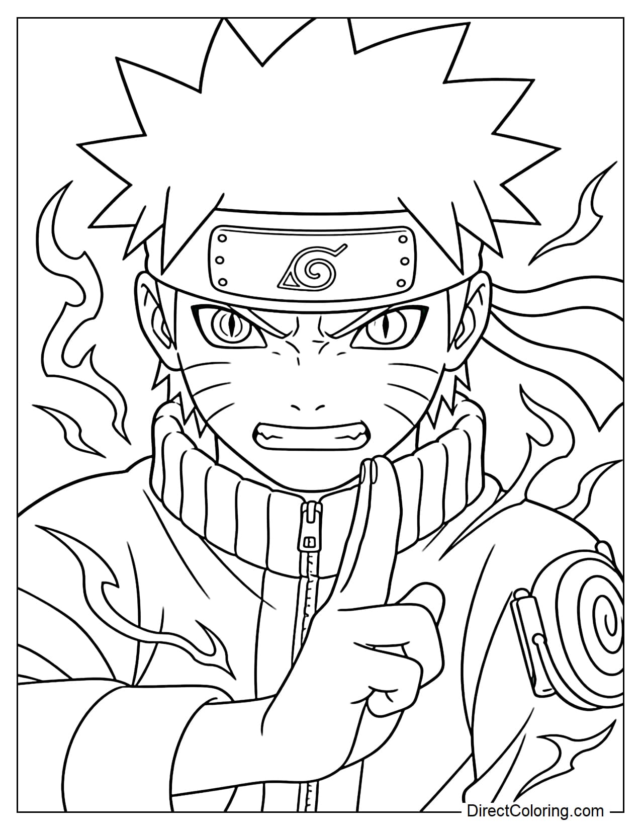 Naruto in his half-human form with Kurama's characteristic eyes, a powerful expression, and several energy lines surrounding them.