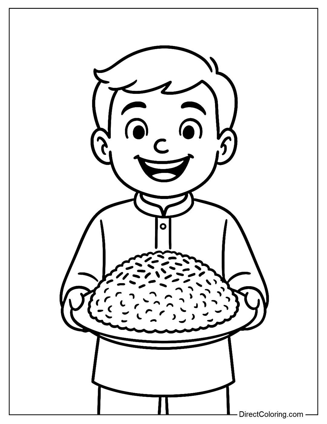 Coloring page of a boy carrying a plate of Iranian turmeric rice, smiling brightly.