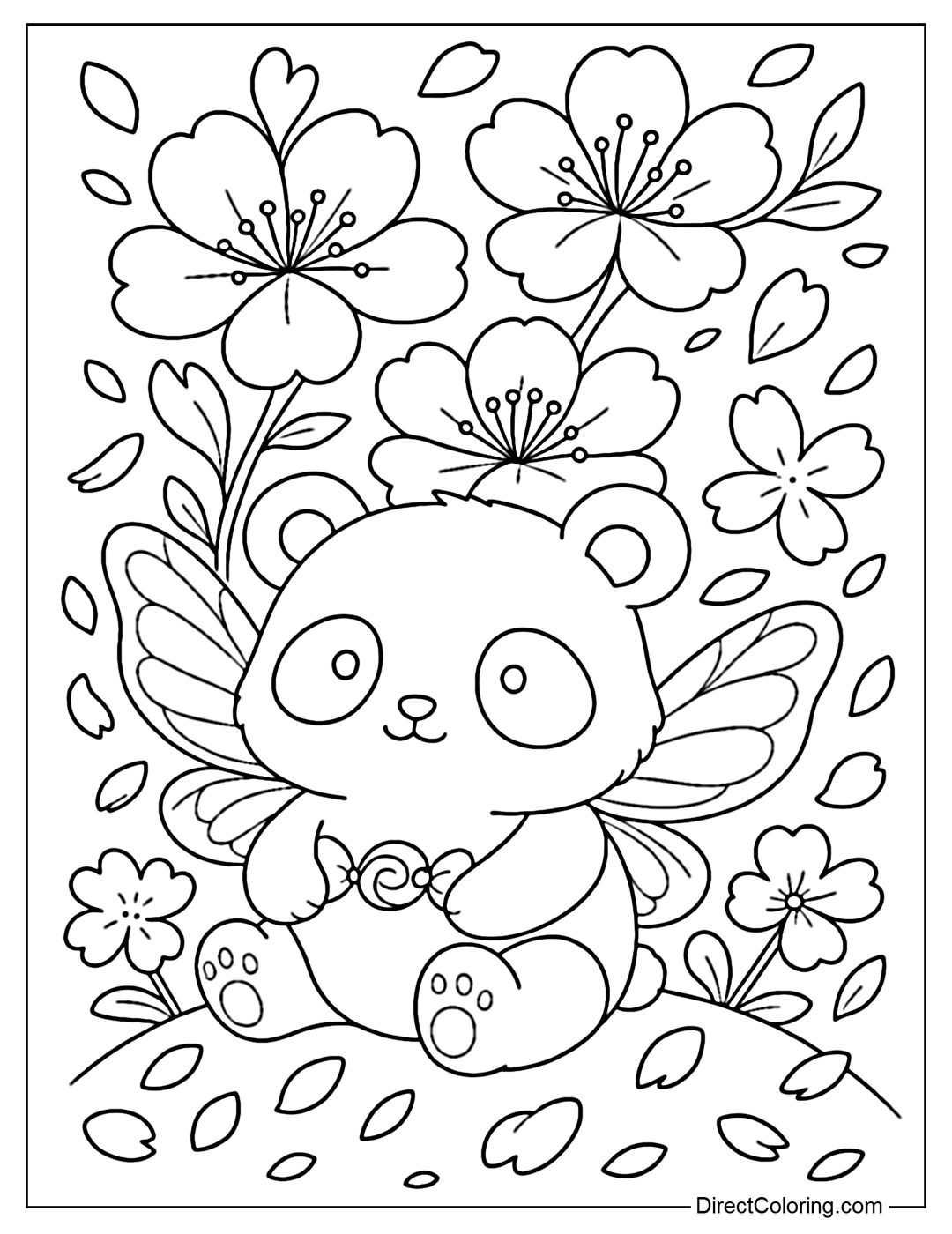 A coloring page of a small panda with fairy wings, sitting among giant cherry blossoms with falling petals.