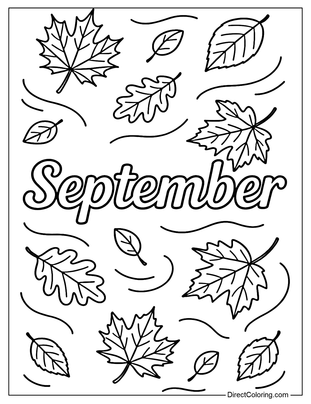 Coloring page for the word September with maple leaves, oak leaves, and birch leaves falling around