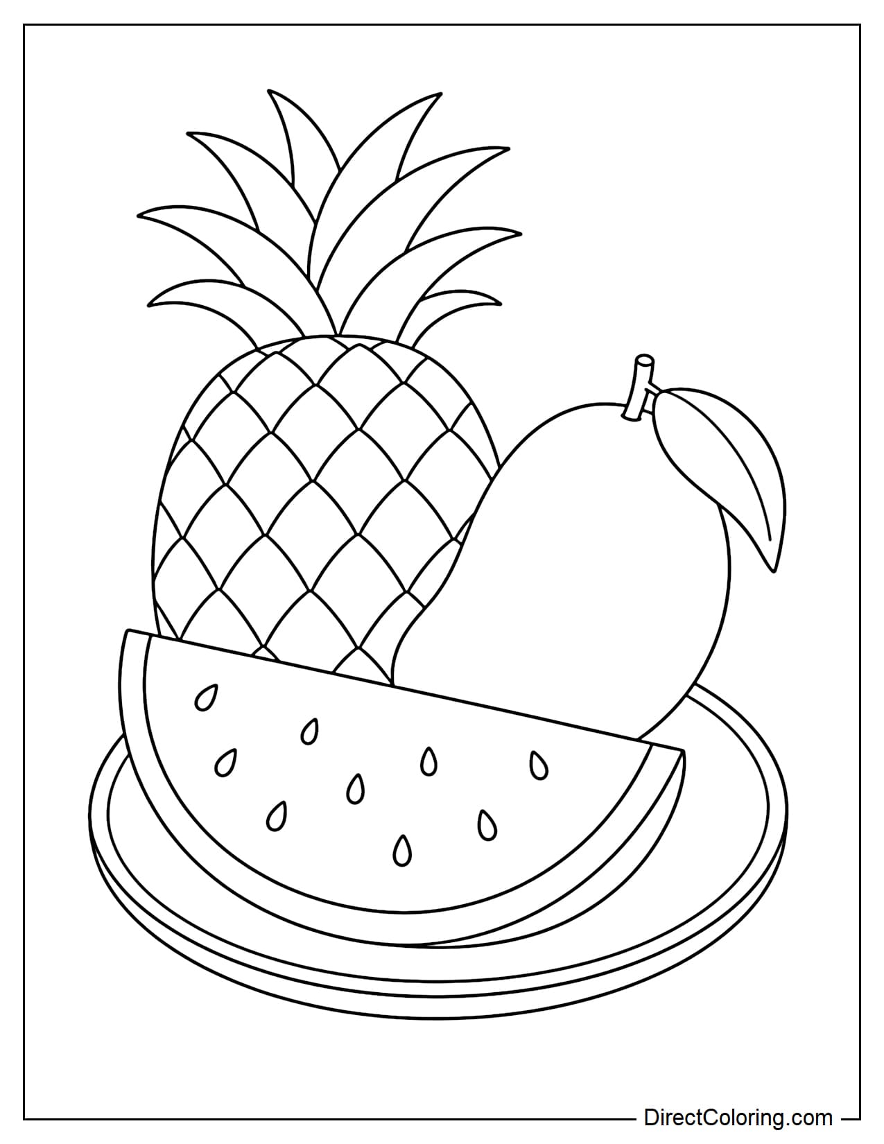 A plate of tropical fruits including pineapple, mango, and watermelon in large and simple shapes.