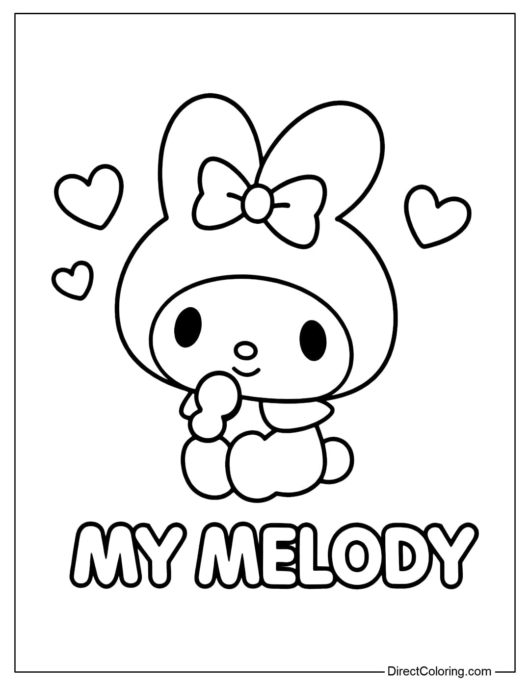 My Melody is sitting cutely, with her hands covering her cheeks, in a gentle and adorable expression. Below is the text 