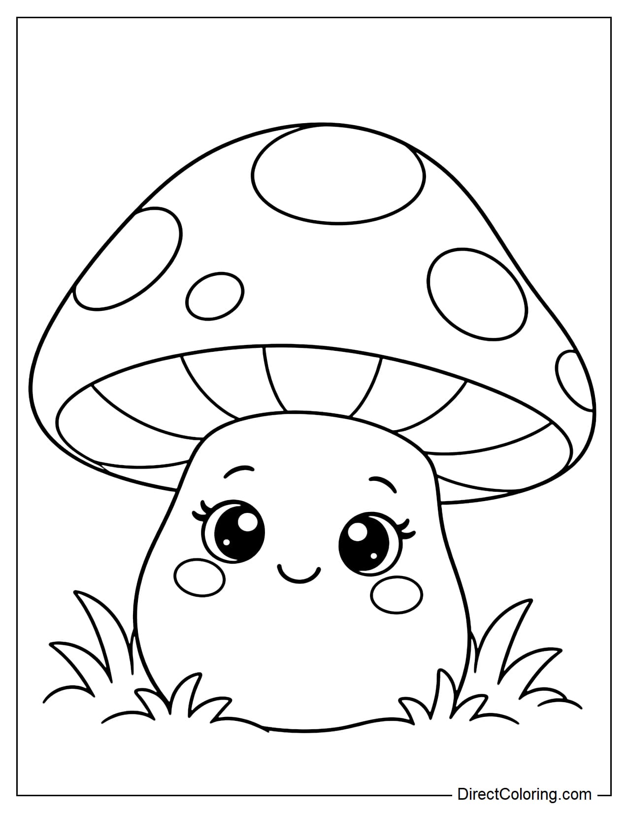 An adorable plump mushroom with large doll-like round eyes, gently curved eyelashes, round cheeks, a large cap with a few round spots, and a little grass around the base.