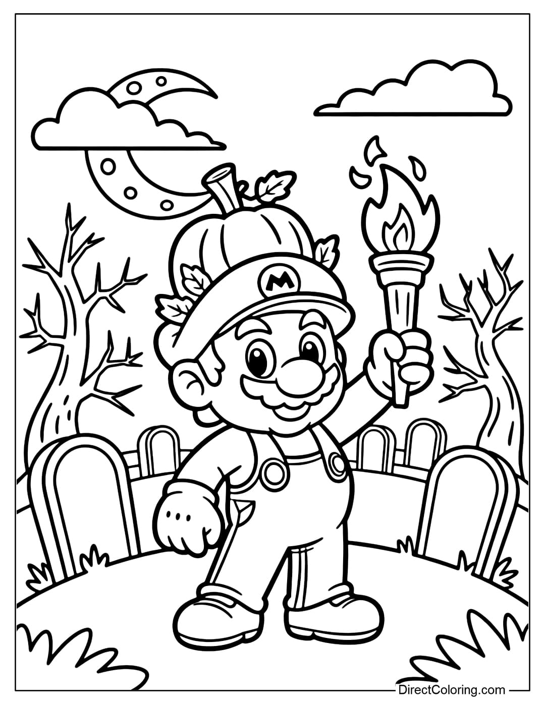 Mario coloring page wearing a pumpkin crown, holding a torch, standing in the middle of the Halloween cemetery.