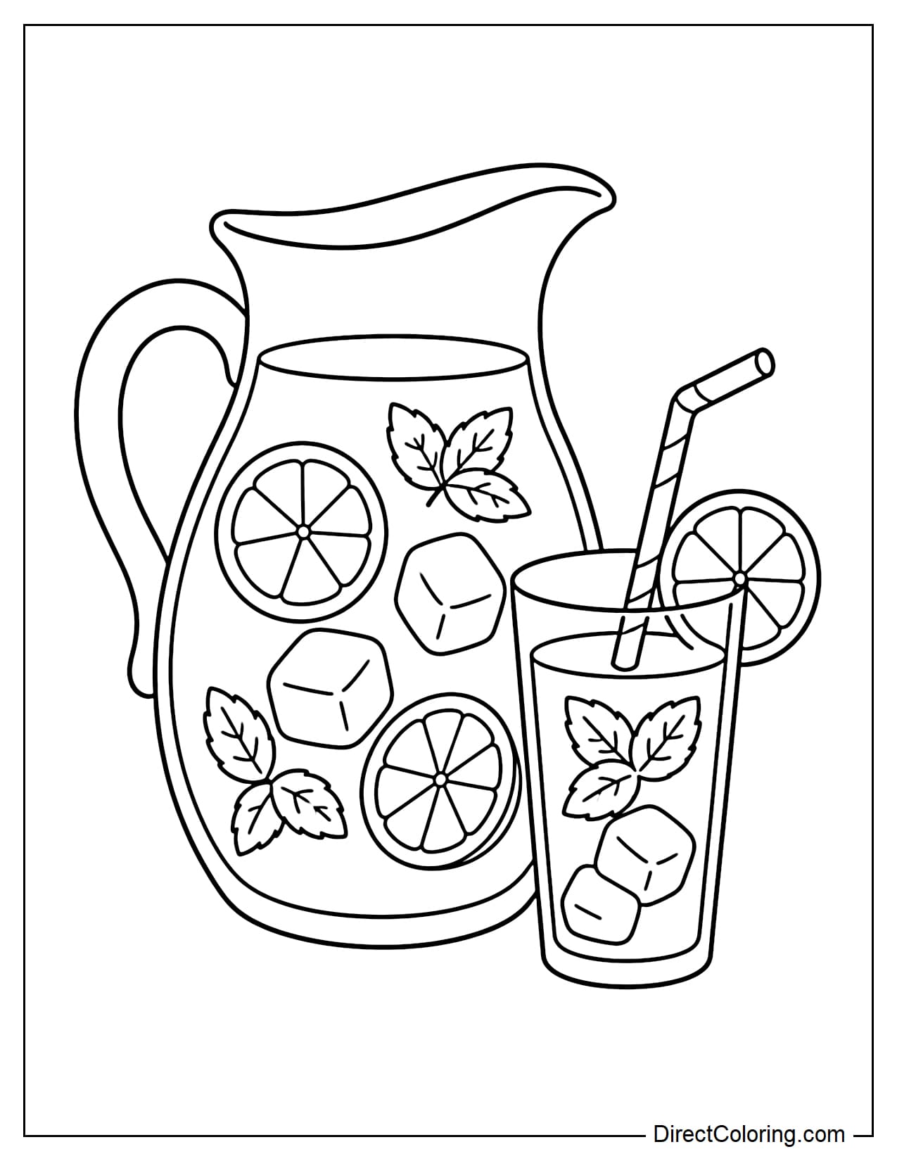 A large pitcher of lemonade next to a glass with a straw and a slice of lemon on the rim, containing several large ice cubes and mint leaves.