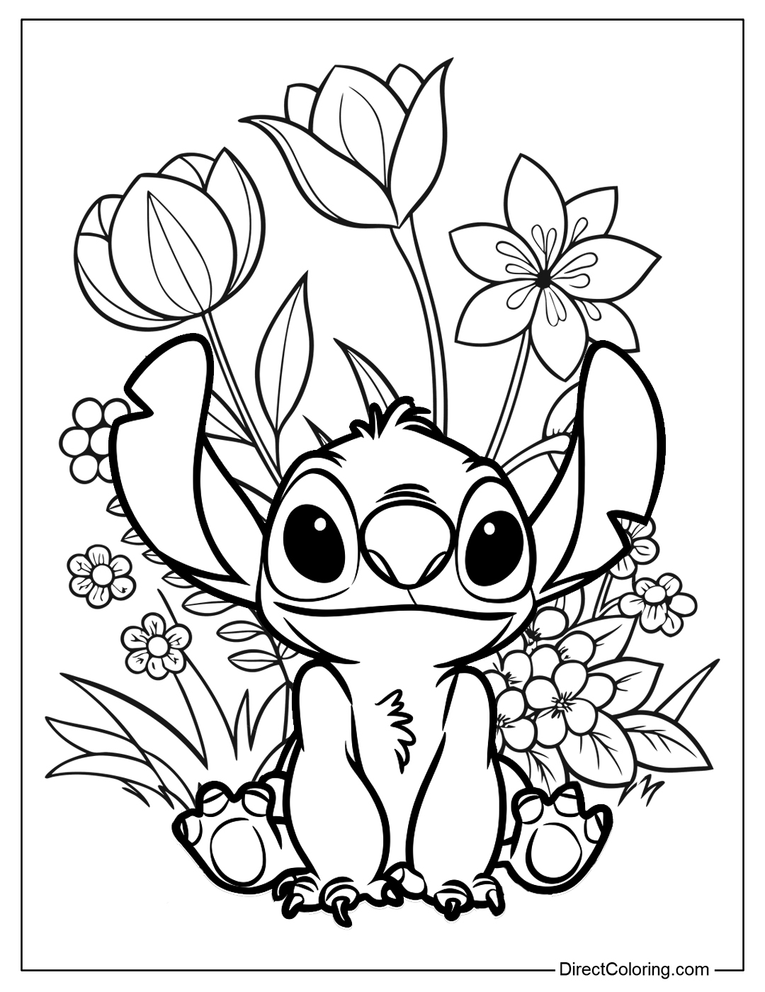 Stitch with Flowers Coloring Page