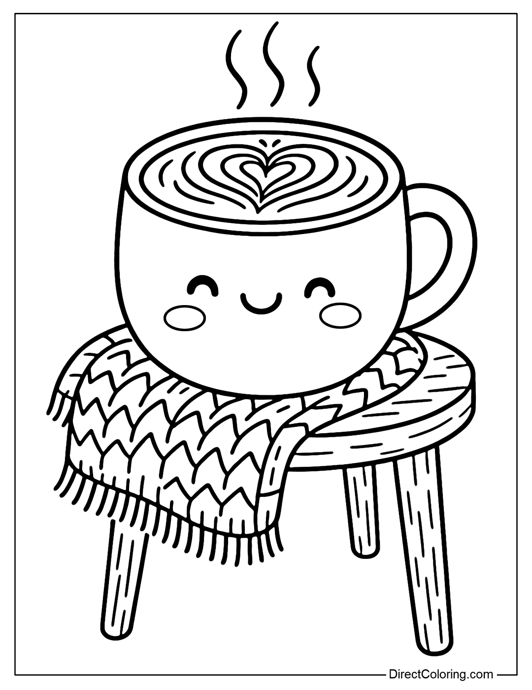 A steaming latte coloring page with a heart-shaped latte art layer, a chubby round cup with a cute smiley face, placed on a small wooden table with a cozy woolen scarf.
