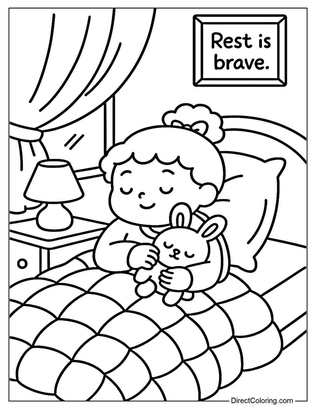 Coloring Page The little girl curls up in a quilt, hugging a stuffed animal, sleeping soundly in a quiet room. In the corner of the room there is a night light, light curtains, a picture frame with the words: 