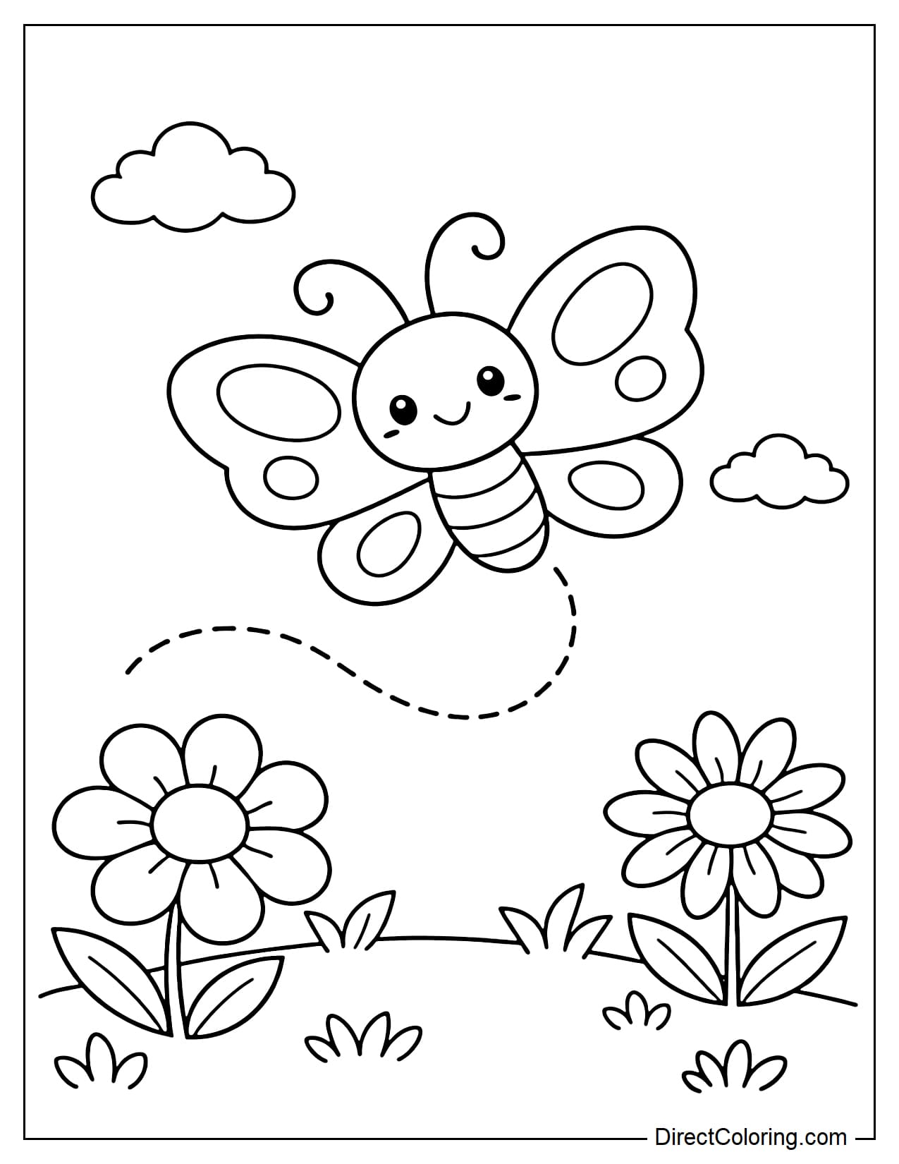 An adorable little butterfly fluttering along a winding path, below are two large blooming flowers and small bushes, above are clouds.