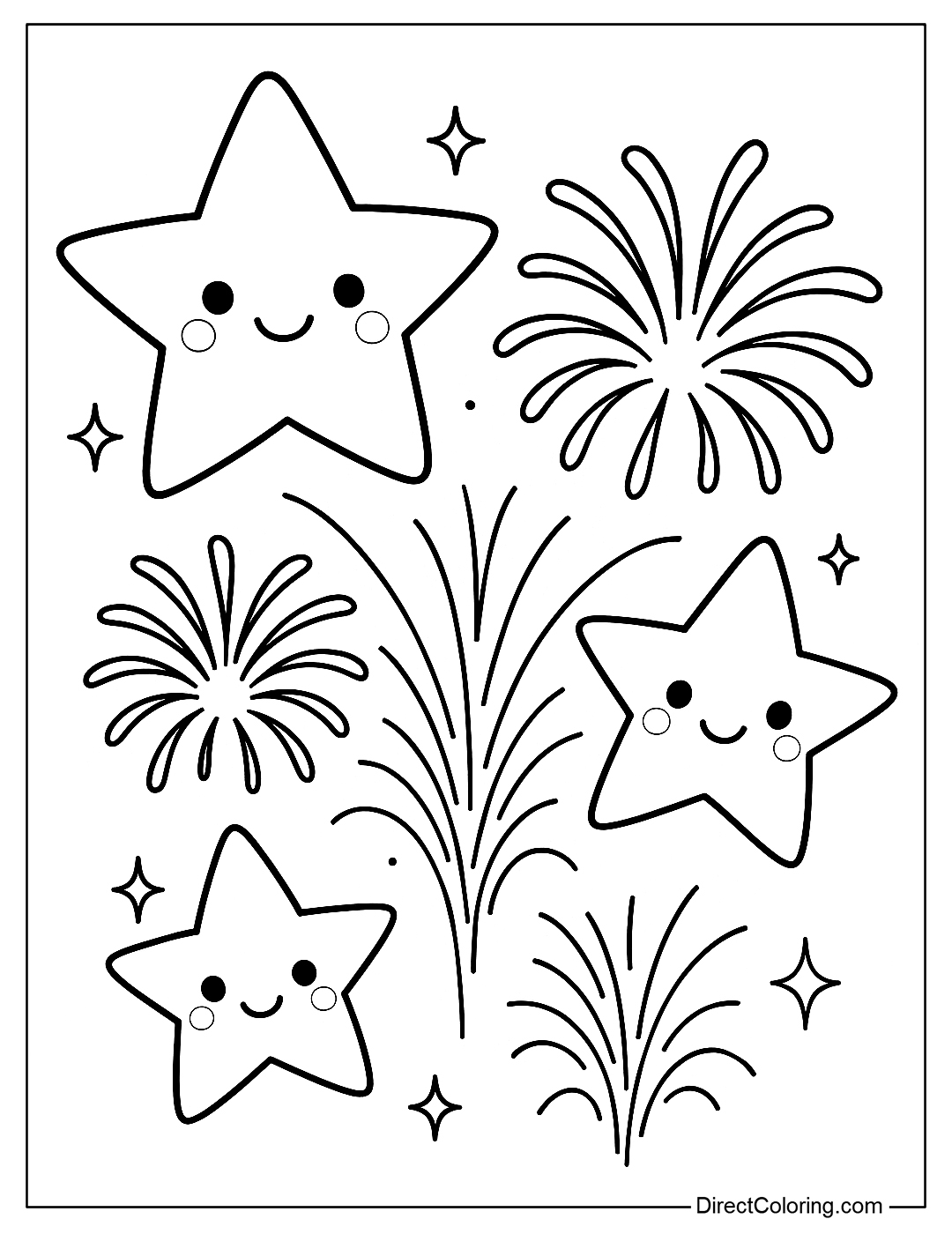 A simple fireworks coloring page combining sparkling star shapes with cute faces