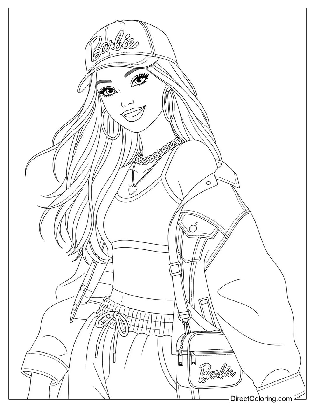 A coloring page of Barbie in a dynamic street style.