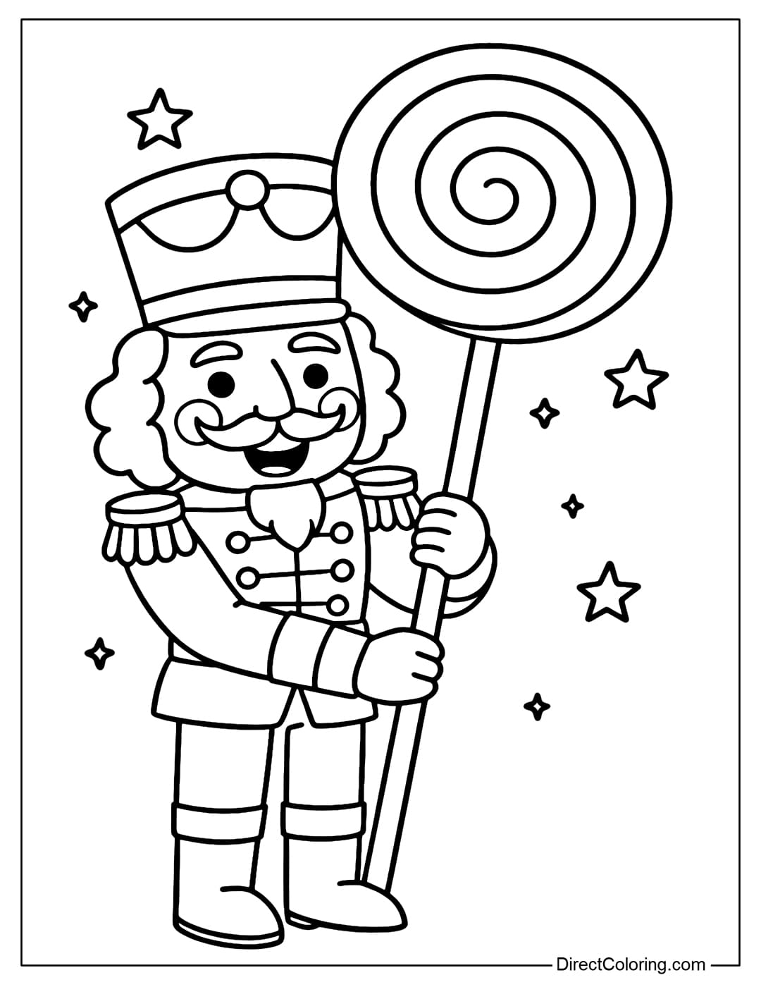 Coloring page of a tiny chestnut soldier holding a round lollipop that is almost as big as a person.