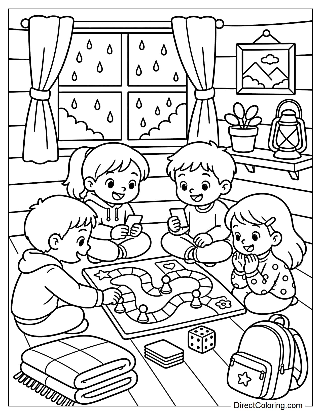 Children sit in a cabin playing board games on a rainy day, with a few raindrops outside the window, blankets neatly folded, and small backpacks inside.