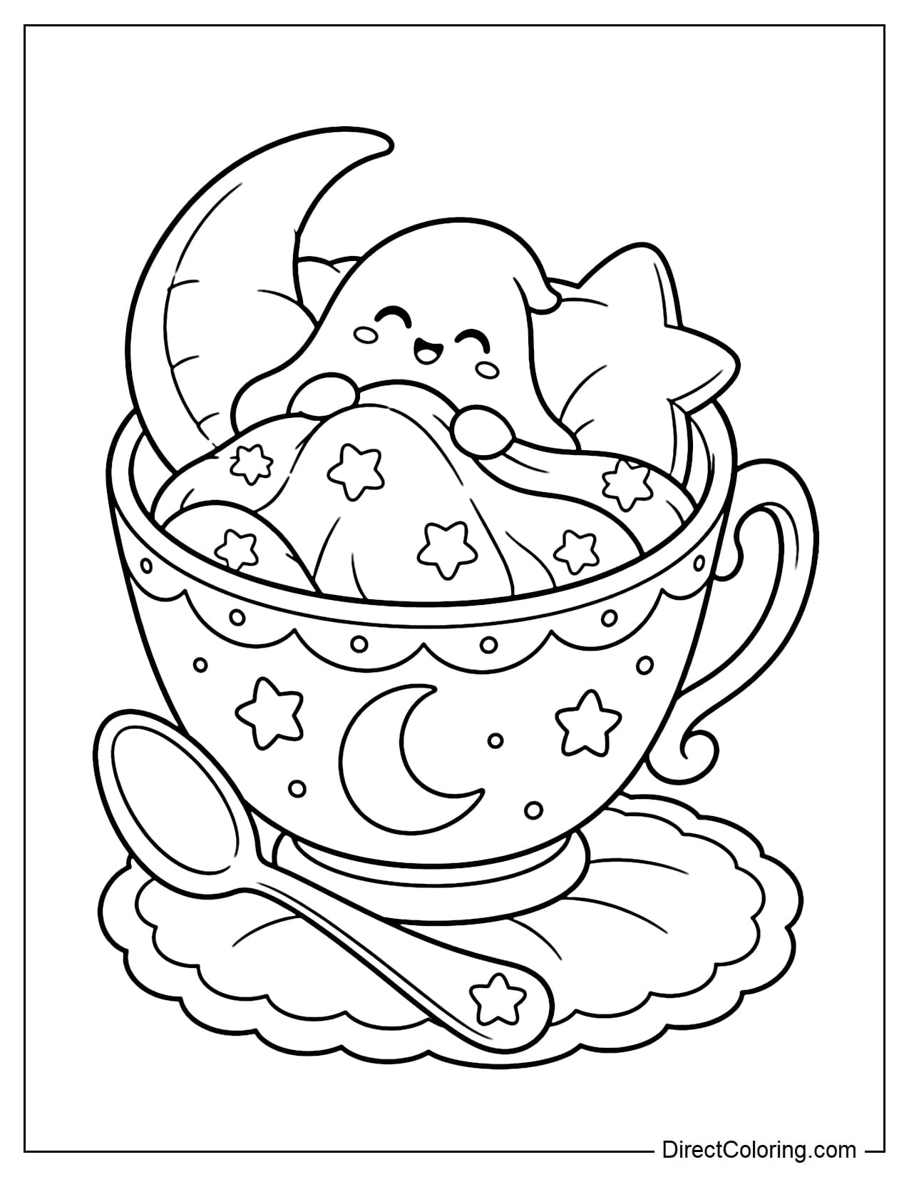 A little ghost curls up inside a giant teacup like a tiny bed, wrapped in a soft blanket. Inside the cup are a crescent moon pillow and a large star pillow, with a large spoon leaning beside the teacup.