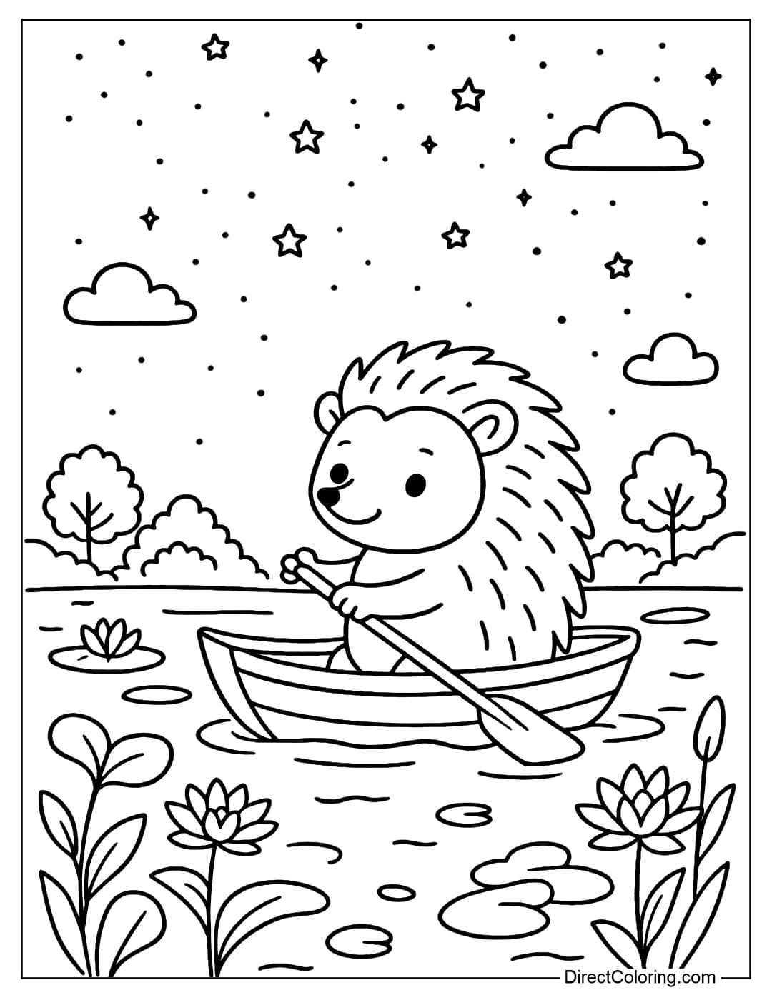 Hedgehog on the Lake Coloring Page Coloring page of a cute hedgehog rowing a small boat on a poetic lake, surrounded by water lilies and lotus leaves.