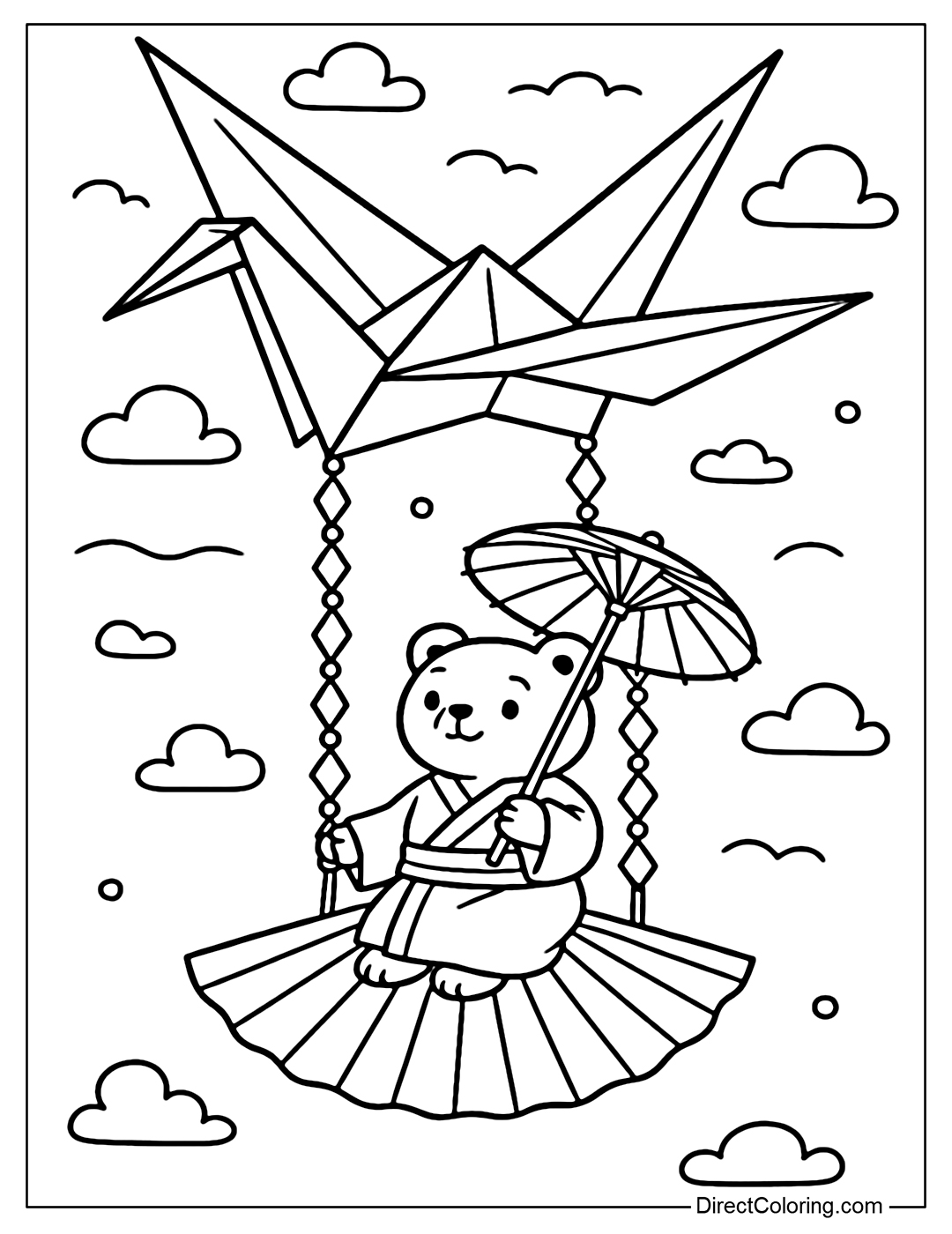 A swing coloring page hanging from a paper crane, a bear wearing a kimono holding a paper umbrella looking at the sky.