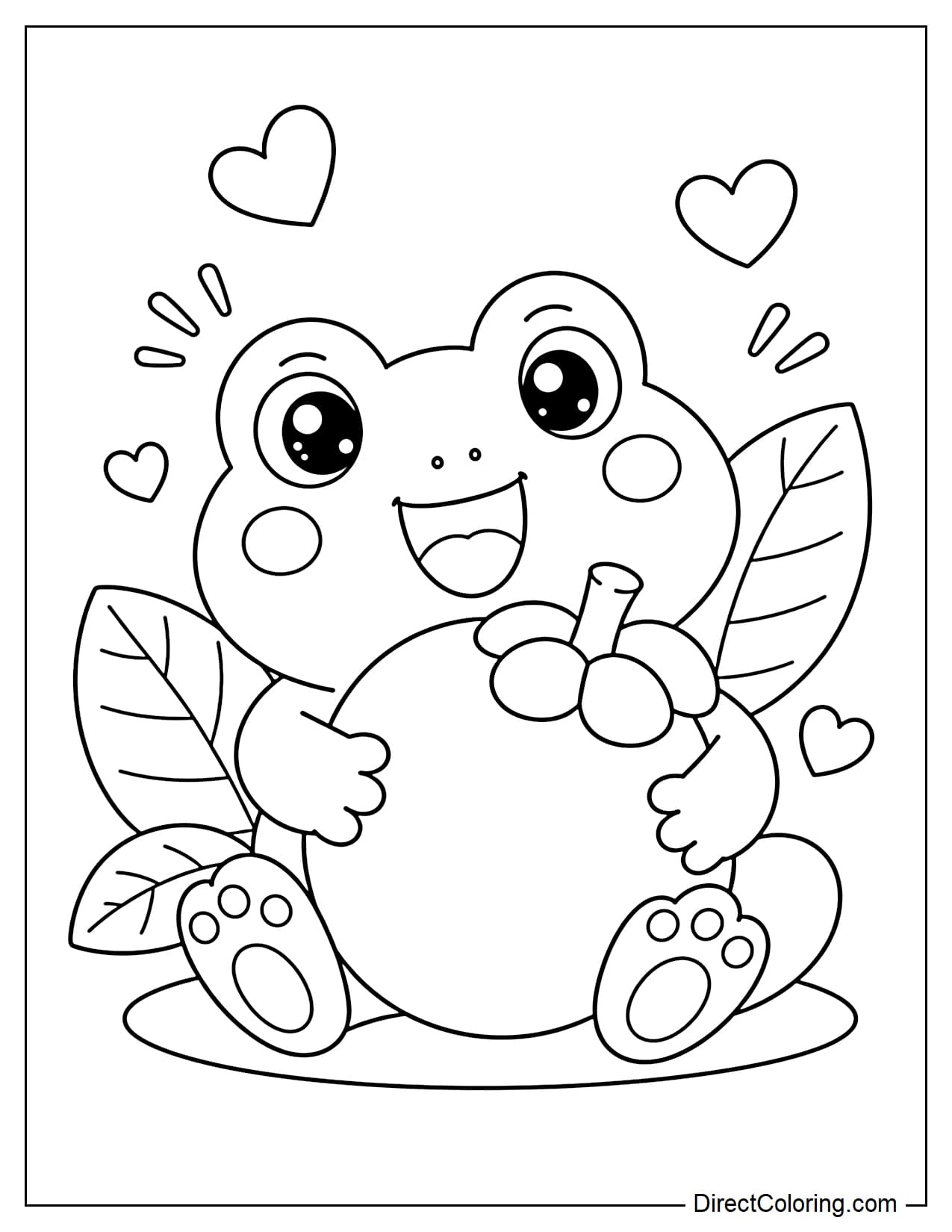 A small frog is hugging a large mangosteen to its belly, with some leaves and a small heart beside it.