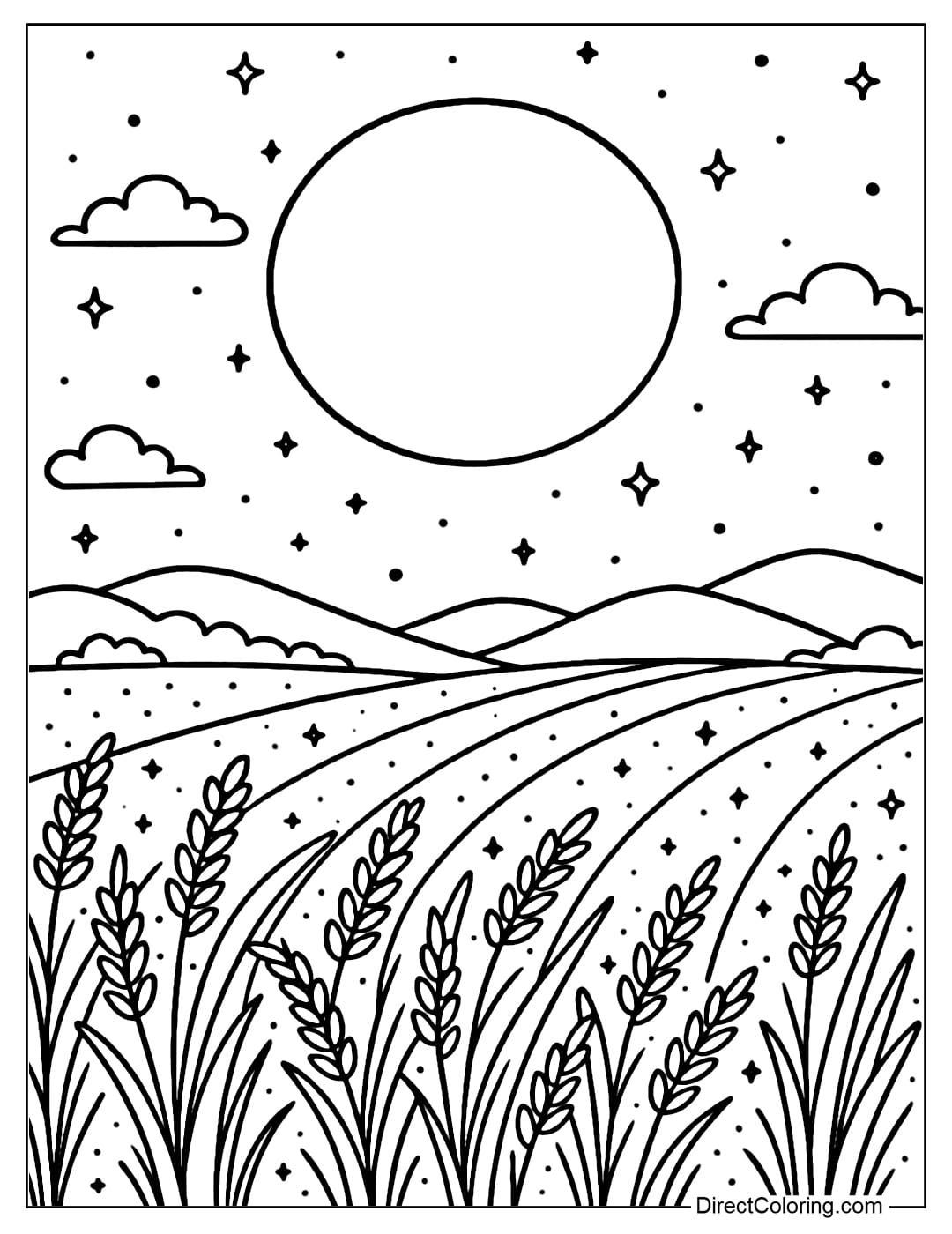 A bright full moon coloring page, shining on the rice fields, a magical and sparkling scene.