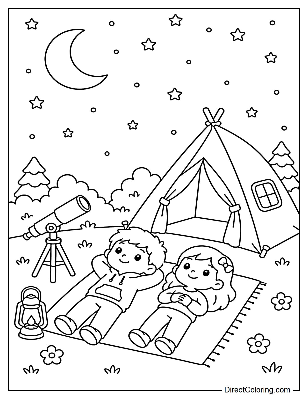 Two children lie on a mat next to their campsite, gazing at the starry sky, with a small telescope and a crescent moon.