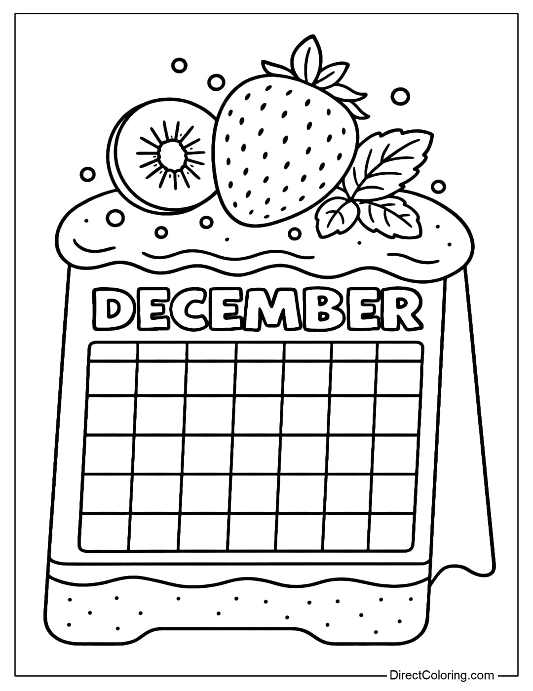 December calendar coloring page is a standee die-cut in the shape of a soft, fluffy strawberry shortcake; the calendar is nestled within the cake layer like a large label. The top is decorated with large strawberries, kiwi slices, mint leaves, and a few sugar sprinkles.