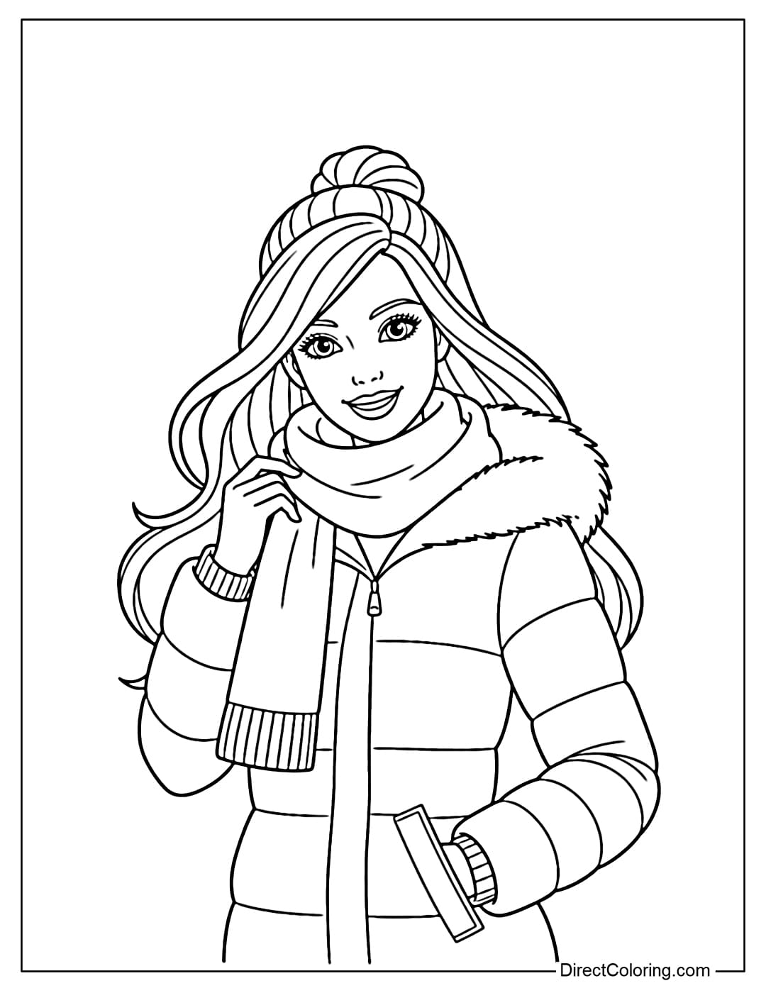 A coloring page of Barbie wearing a winter coat and scarf.