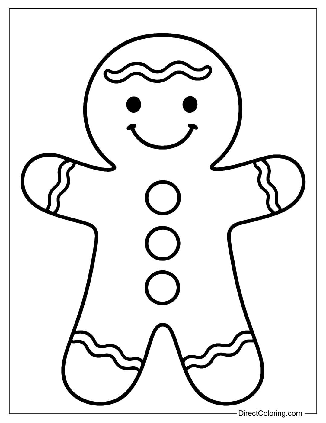 Coloring page of a smiling gingerbread man with arms outstretched, a round candy button and white icing around his body.