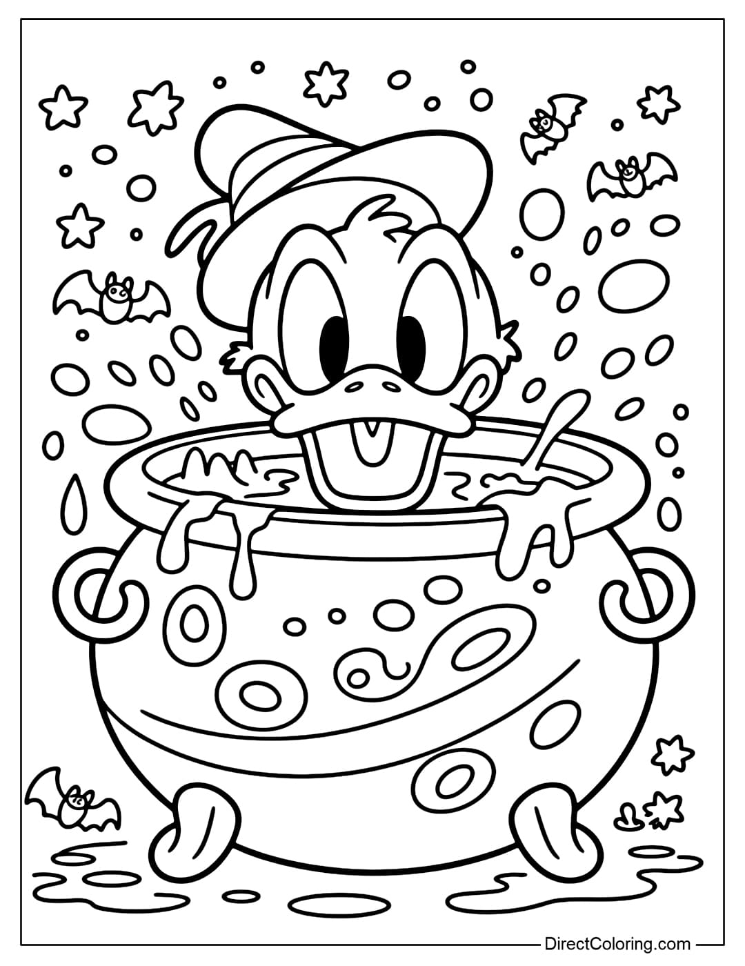 Donald Duck coloring page fell into the pot of witch potion, only sticking his head out with a funny expression.