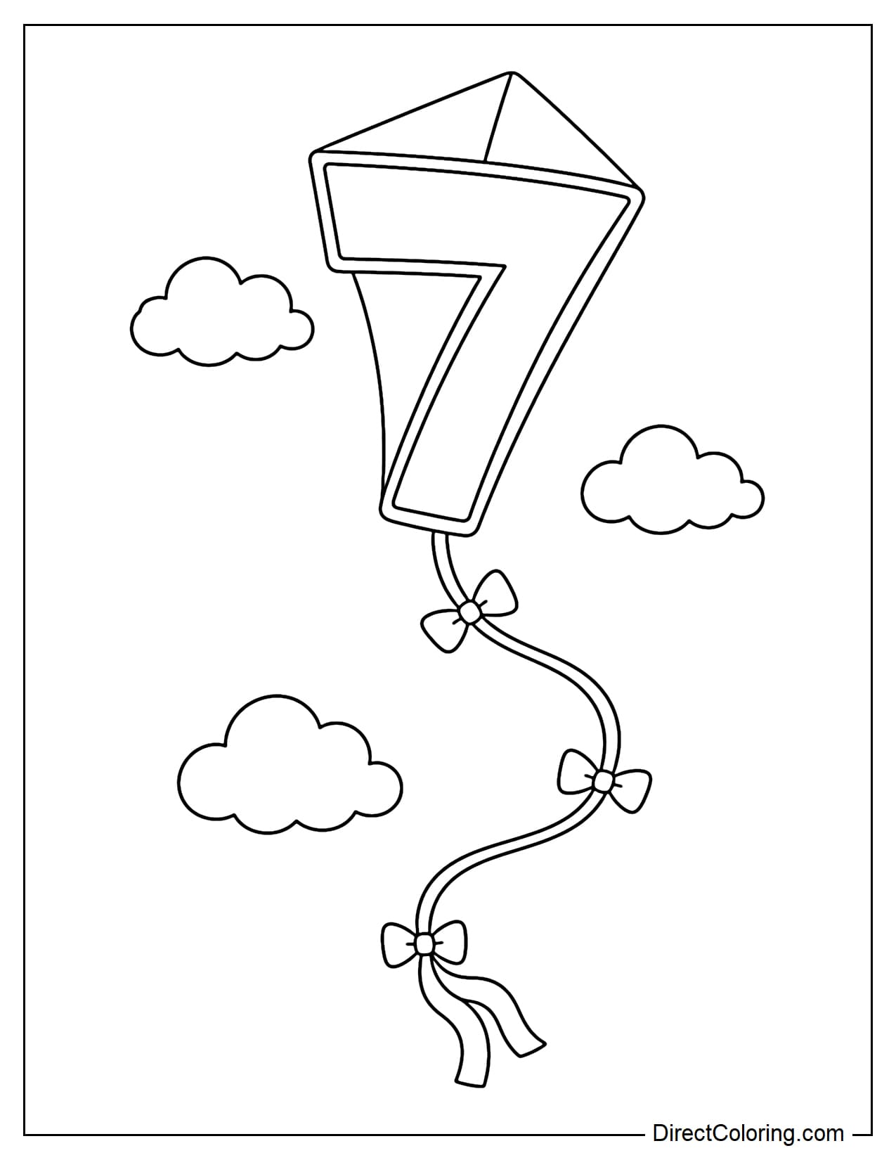 The number 7 is made up of a kite flying in the sky with a softly curved kite string and a few small clouds.