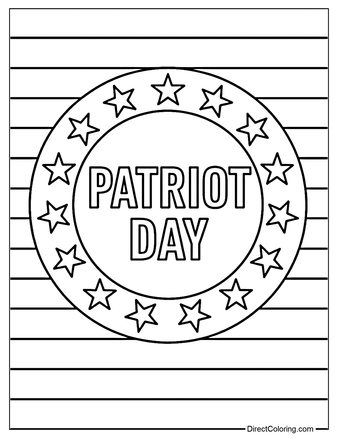 A coloring page of a circle of stars surrounding the words 