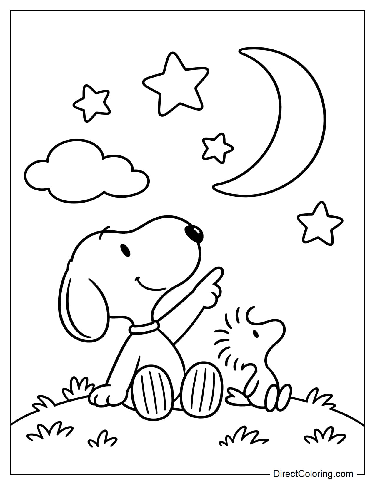 Snoopy and Woodstock sit side by side on a small hill, looking up at the sky together. Above them are a crescent moon, four stars, and a small cloud.