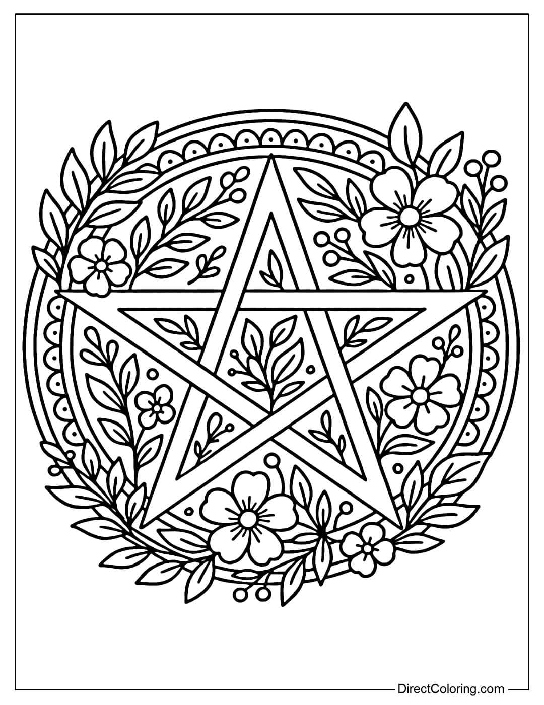 Coloring page of a pentagram in a mandala circle, decorated with flowers and leaves.