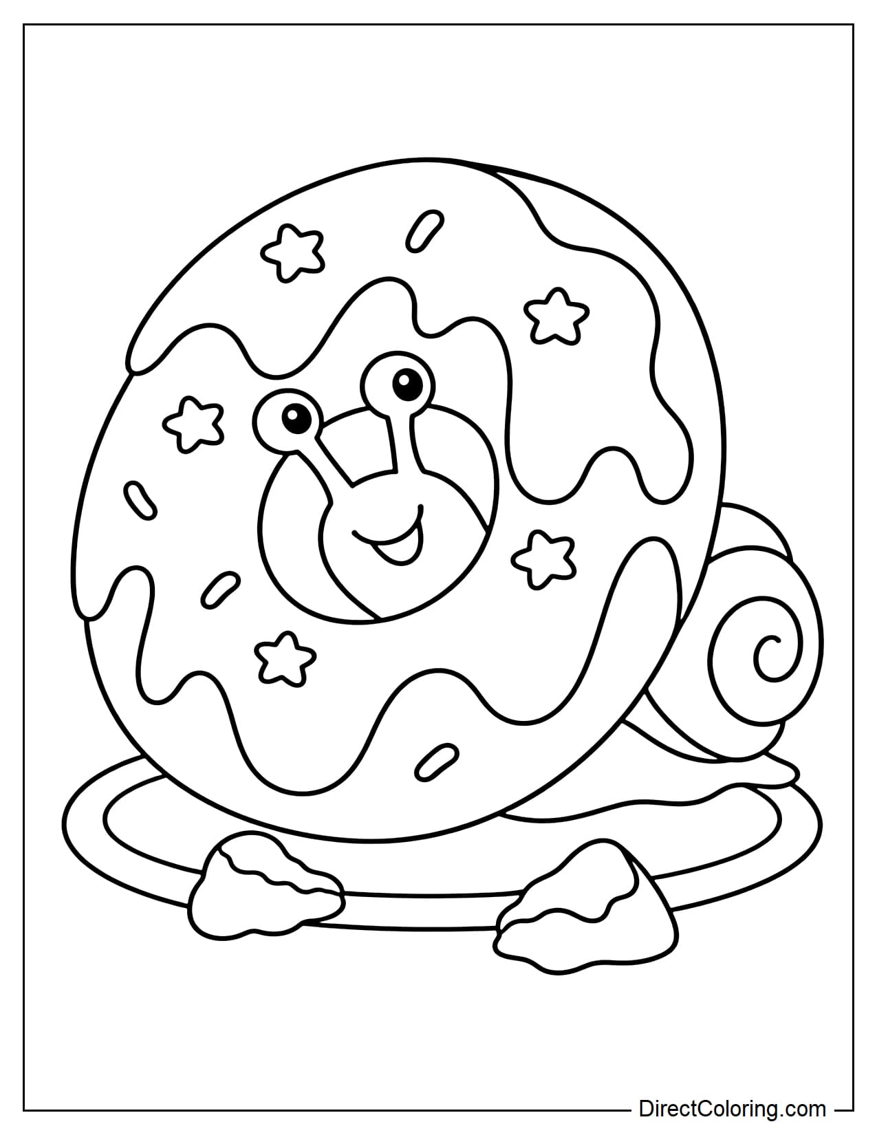 A playful snail poking its head and two eye stalks through the center of a giant tilted donut. A round plate and two small pieces of donut sit below.