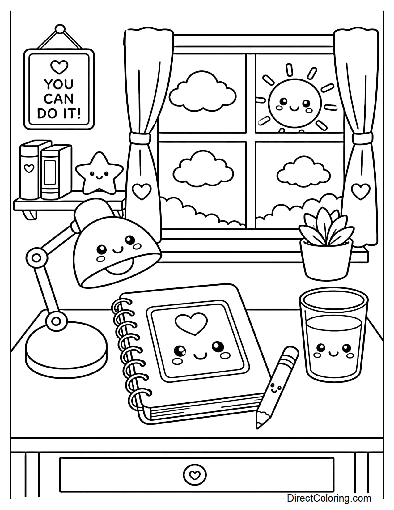 A cozy study corner with notebooks, pencils, a desk lamp, a small glass of milk and a mini potted plant. School supplies have cute smiley faces, and behind it is a window with clouds and a sun.