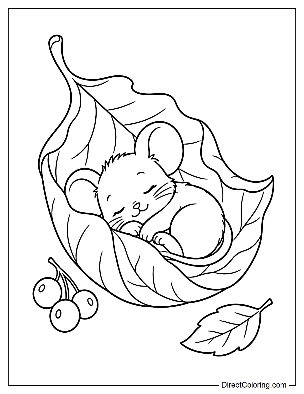 A tiny mouse sleeping peacefully inside a curled autumn leaf shaped like a cozy cradle, with a few small berries nearby.