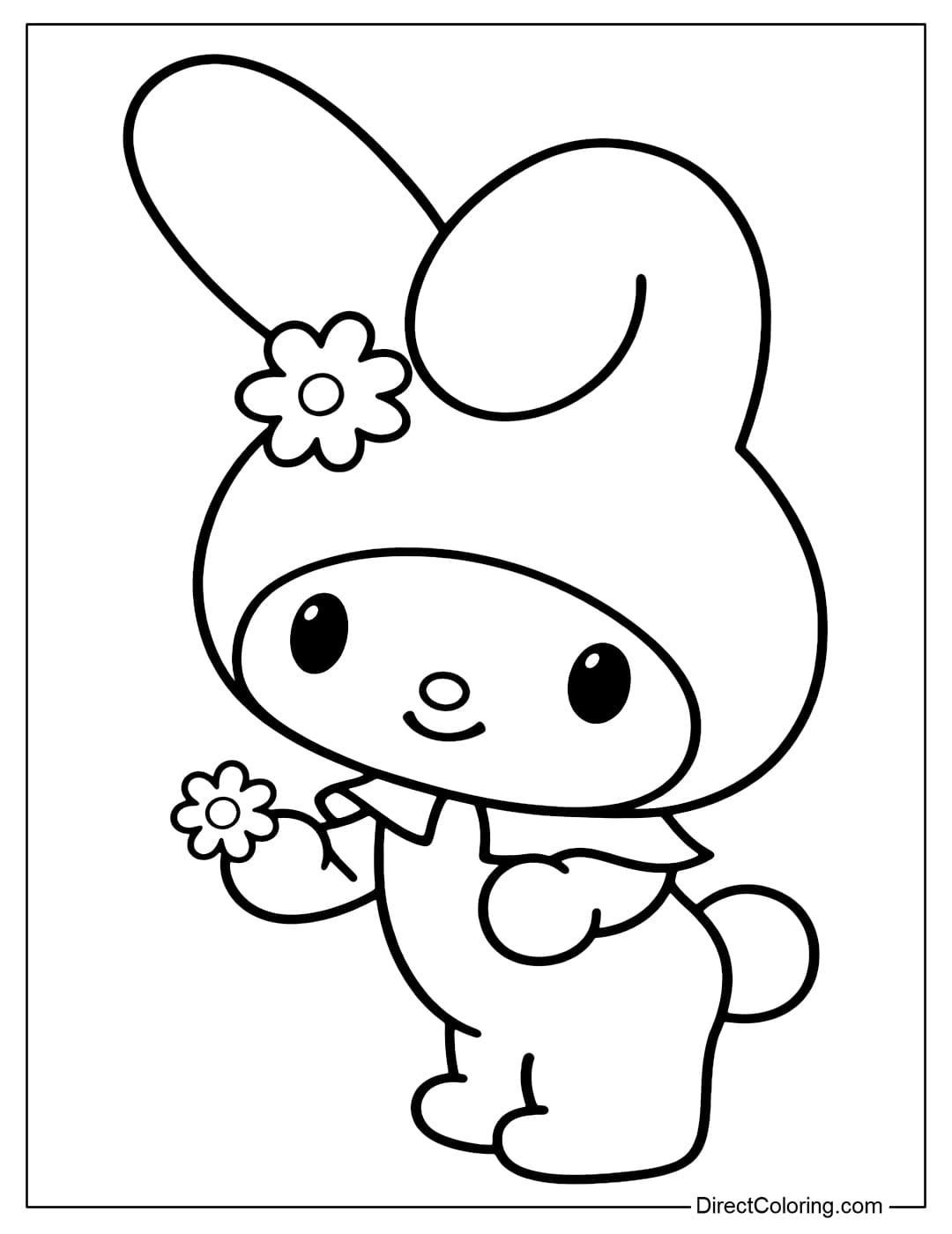 My Melody is standing and holding a lovely little flower.
