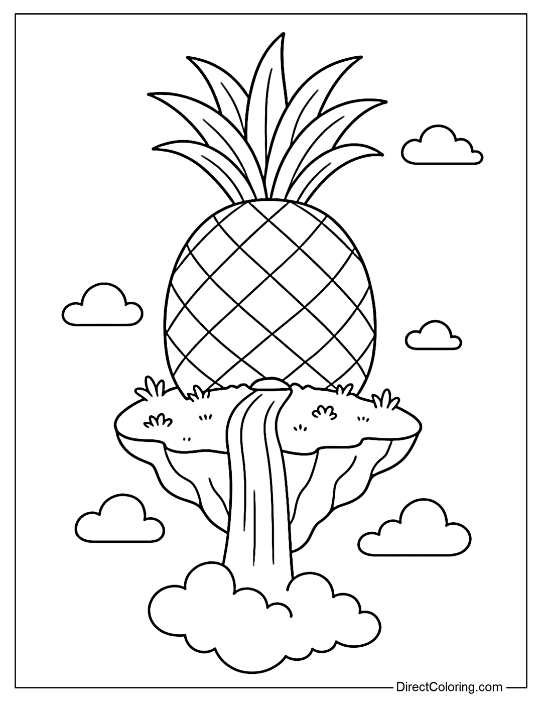 Coloring page of a small pineapple-shaped island flying in the clouds, with a waterfall flowing.