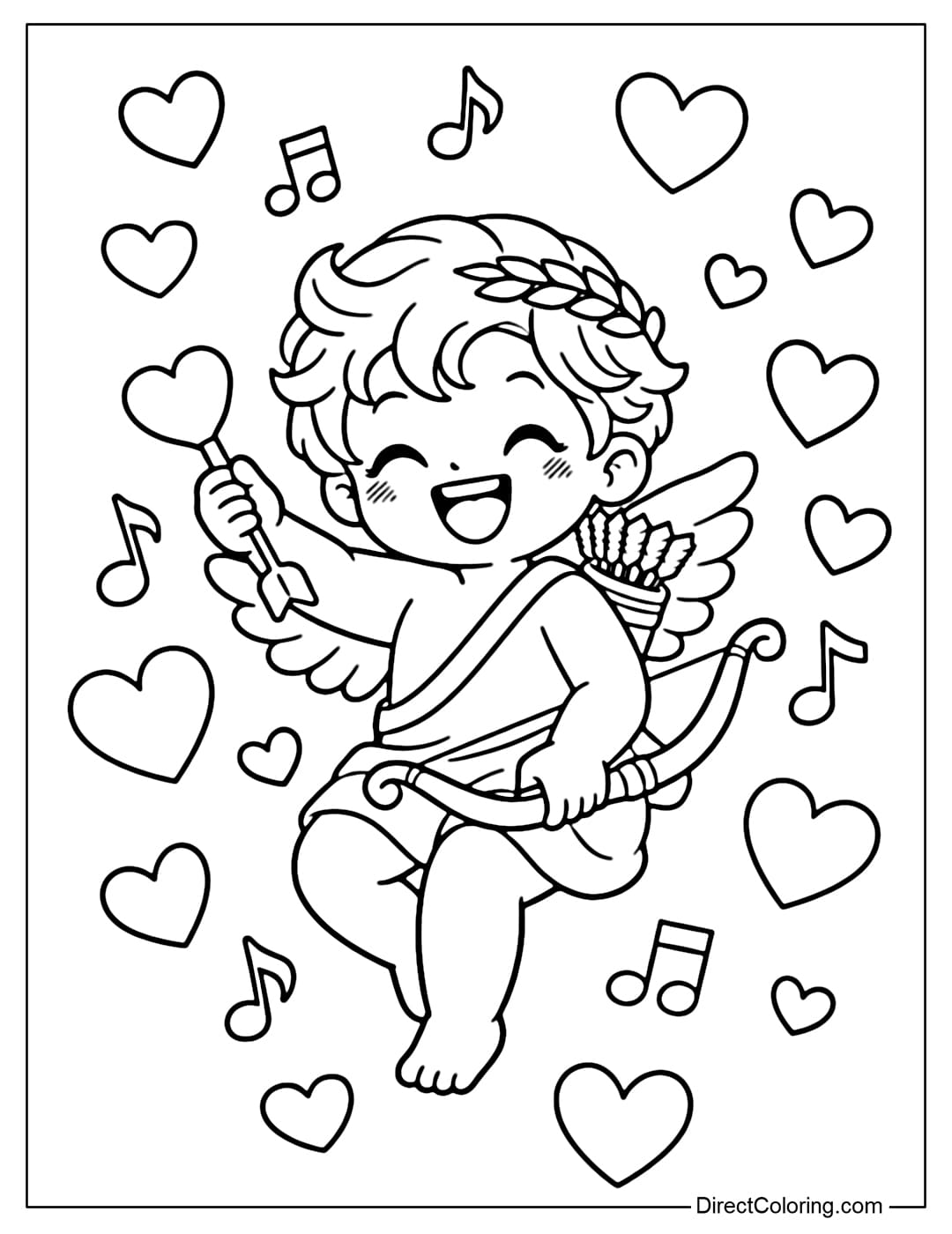 A coloring page of a cheerful Cupid, surrounded by hearts and simple musical notes.