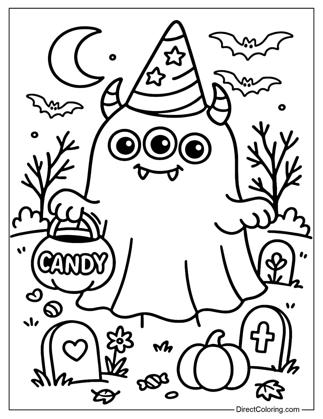Coloring page of a small ghost monster, soft in shape, wearing a Halloween hat, holding a bag of candy; next to a few stylized graves with falling maple leaves, not creepy.