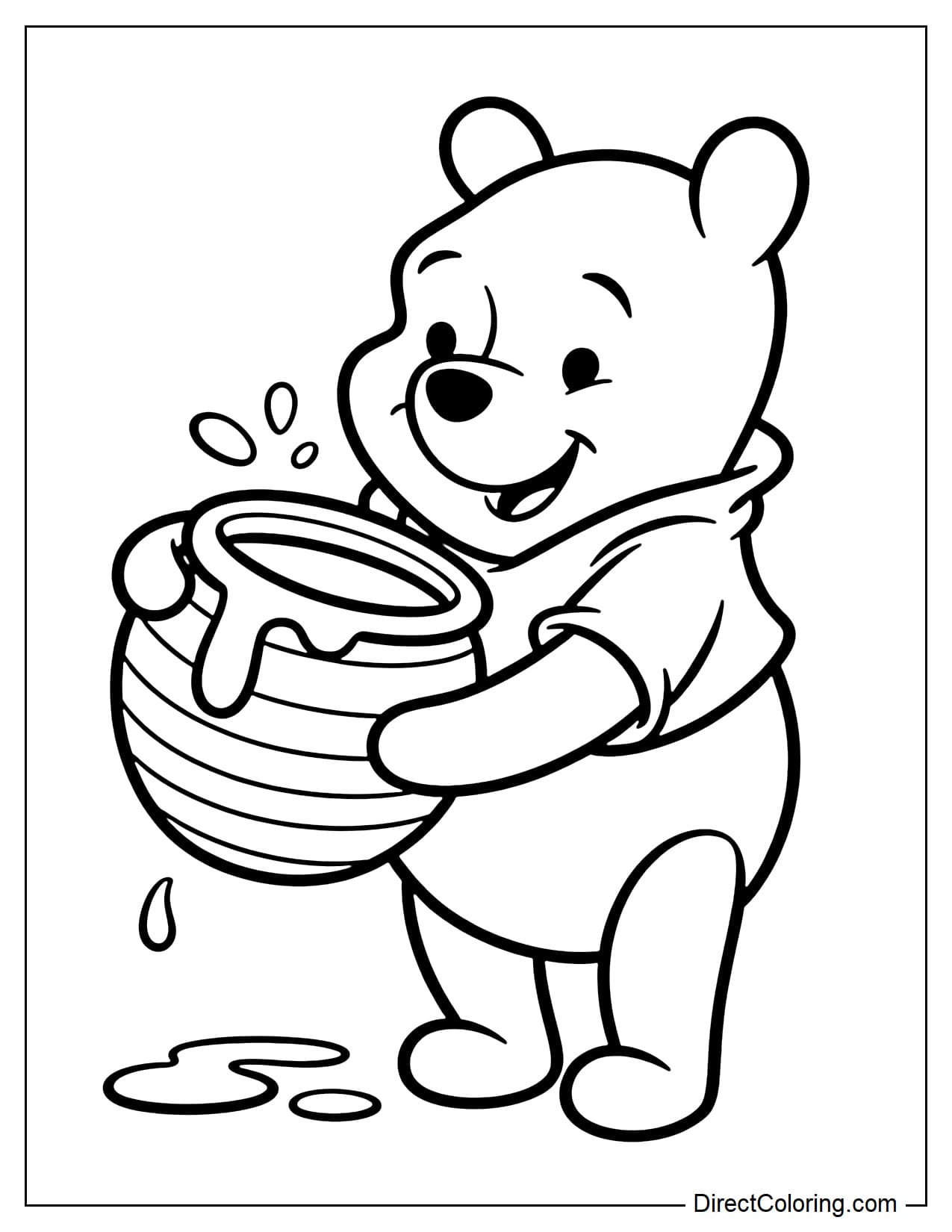 Winnie the Pooh is holding a large honey pot to her stomach, with a happy expression on her face, and a few drops of honey around it.