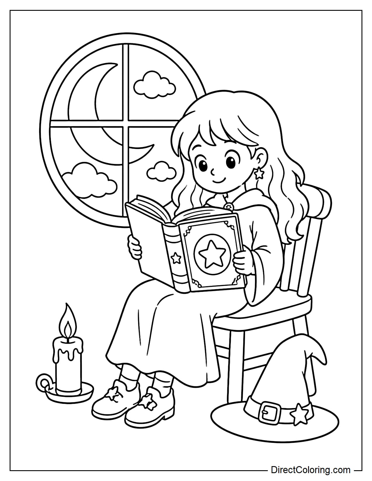 A witch is sitting on a chair reading a large spellbook beside a round window, with a large crescent moon and a few clouds outside, while a candle and a witch hat rest nearby.