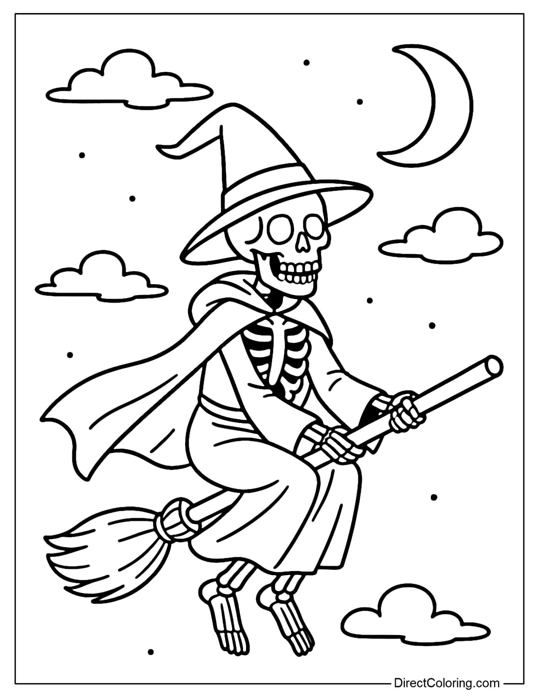 Coloring page of a witch skeleton wearing a cloak, wearing a pointed hat, riding a broomstick flying against a crescent moon.