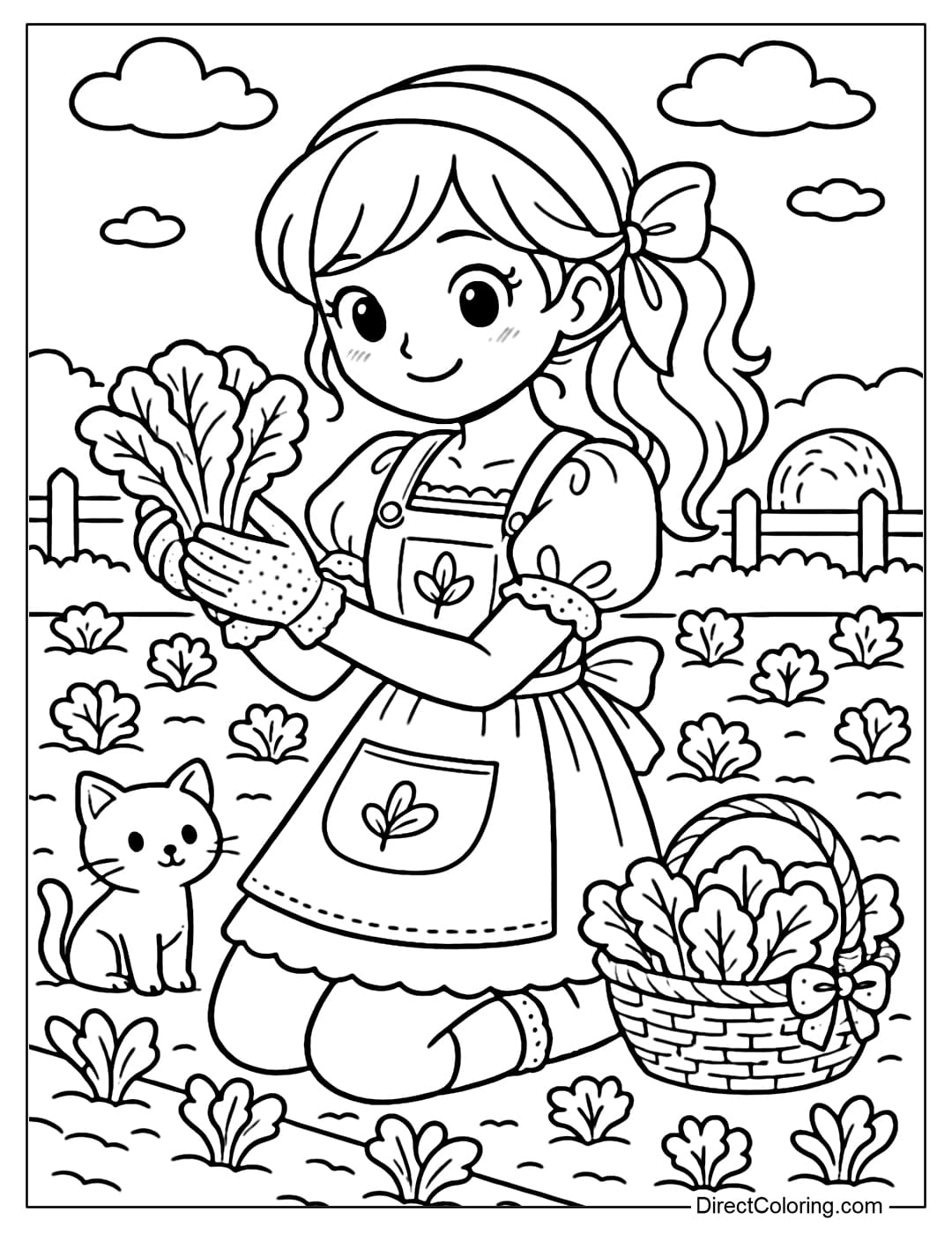 A cute farm girl coloring page is harvesting lush green lettuce. A kitten or puppy is sitting next to her watching.