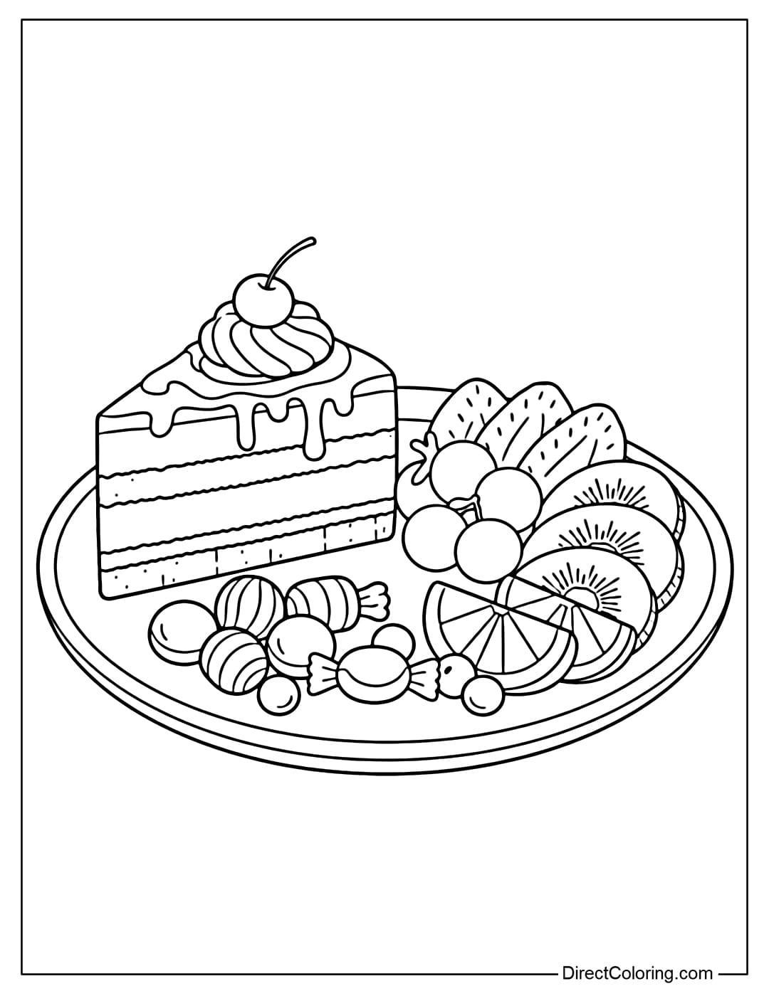 Coloring page of a dessert plate with chocolate cake, fruit, and candies neatly arranged on a large plate.