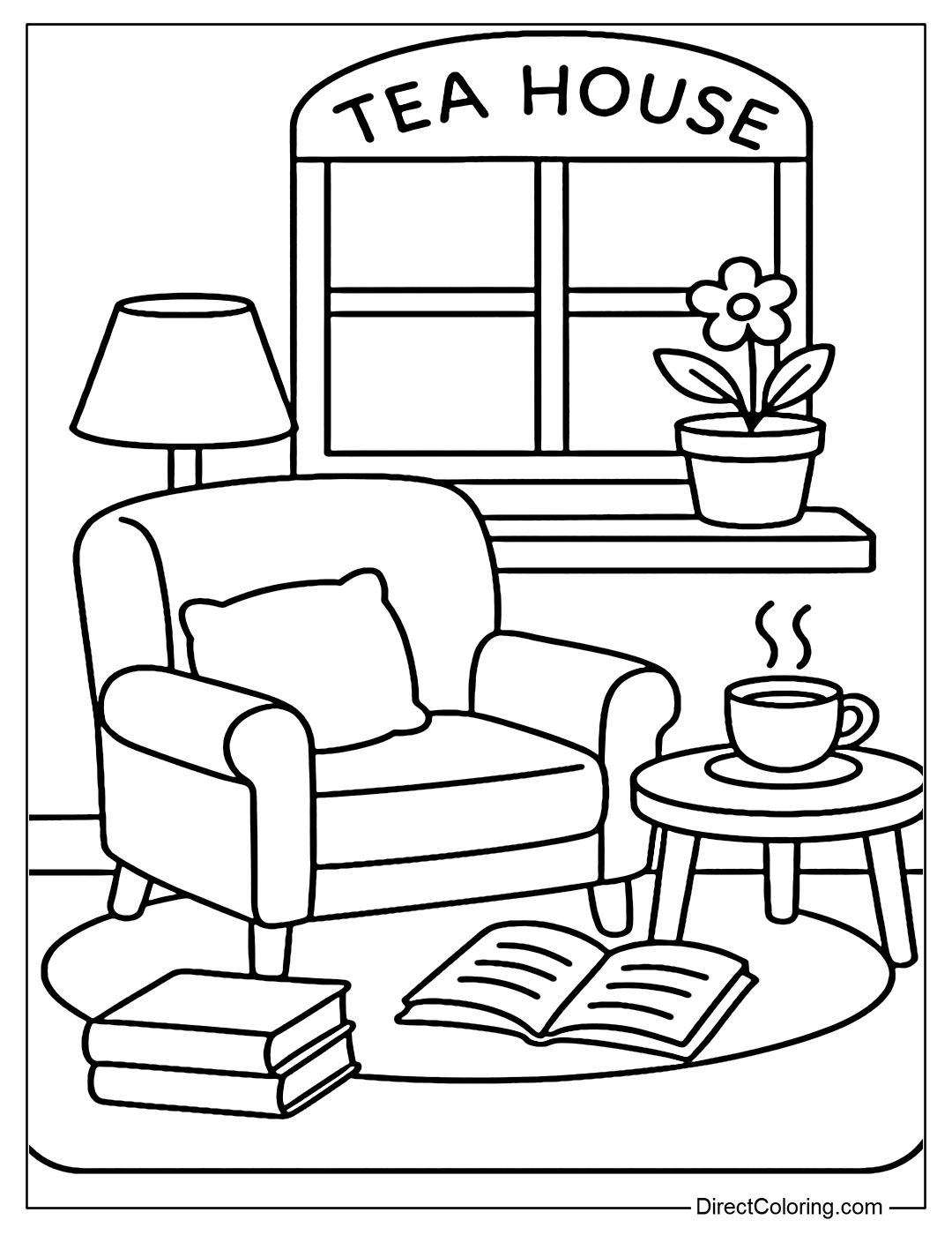 A coloring page of a reading corner with a soft chair, a tea table, a night light and a small potted plant - the perfect place to relax alone.