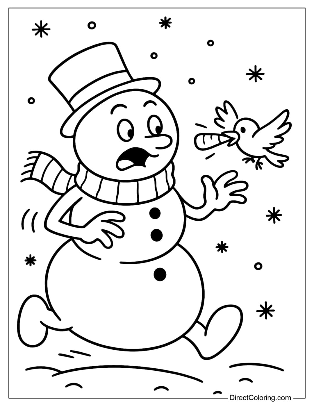 A funny snowman coloring page with a little bird taking away his carrot nose.